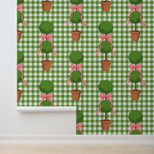 Topiary with Bows Green Gingham Peel & Stick Wallpaper