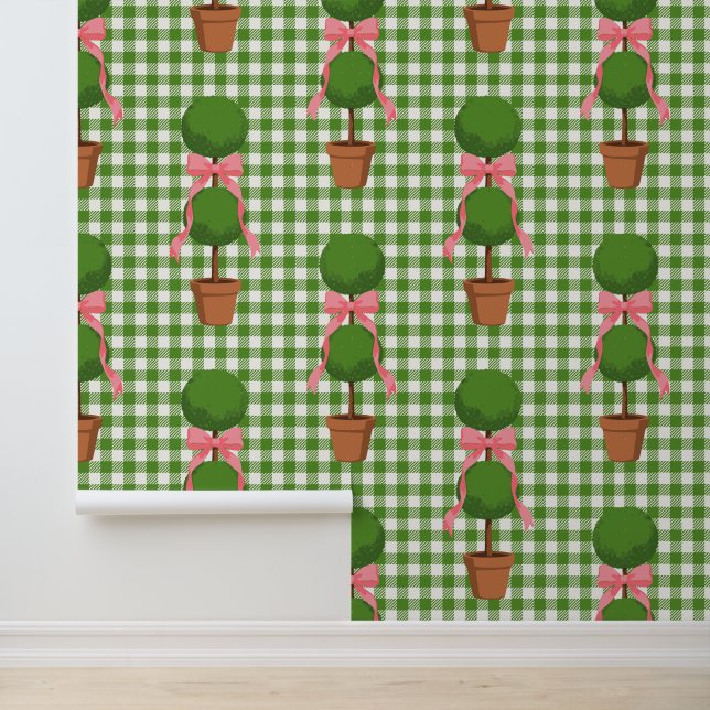 Topiary with Bows Green Gingham Peel & Stick  Wallpaper (Application)