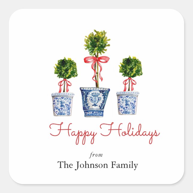 Topiary with red bow Holiday square  Square Sticker (Front)
