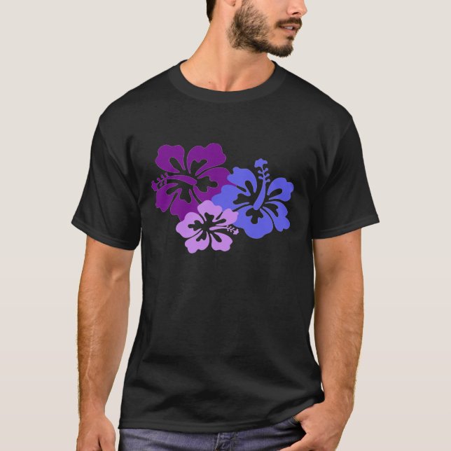 Topical Hibiscus Flower in Blue, Purple and Lilac T-Shirt (Front)