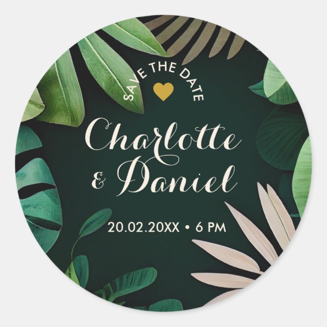 Topical Leaves Pattern | Save The Date | Wedding Classic Round Sticker (Front)