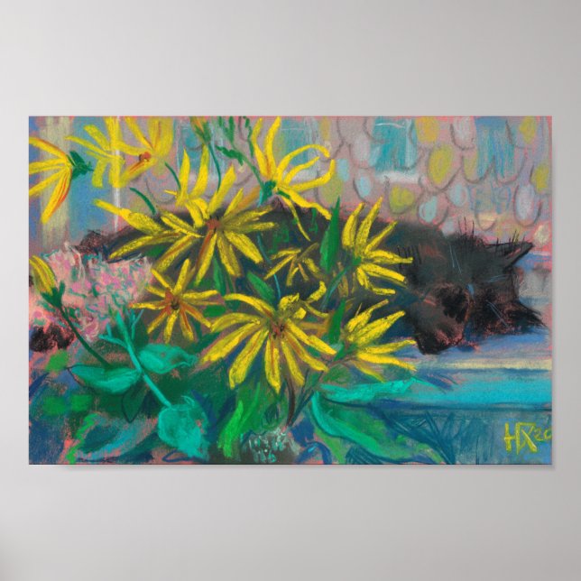 Topinambour Dreams Black Cat Yellow Flowers Pastel Poster (Front)