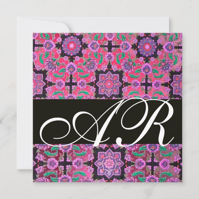 TOPKAPI RED BLACK PINK  DAMASK MONOGRAM green Invitation (Front)