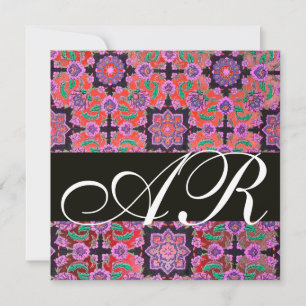 TOPKAPI RED BLACK PINK DAMASK MONOGRAM yellow Invitation