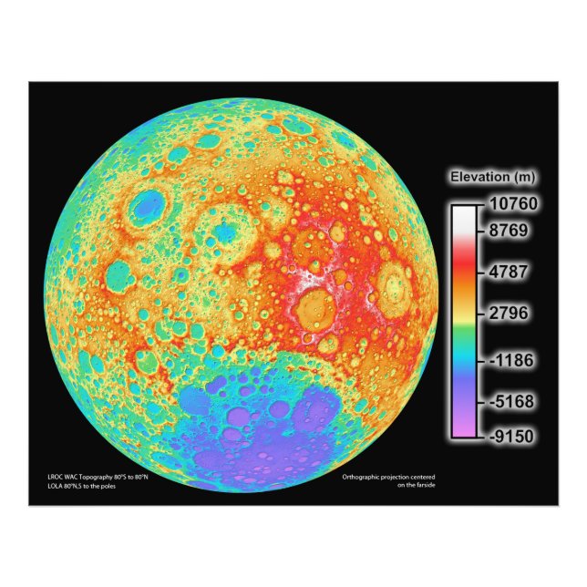 Topographic Colour Map of the Moon's Lunar Surface Photo Print (Front)