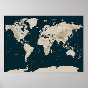 Topographic Map of the World in Tan Poster