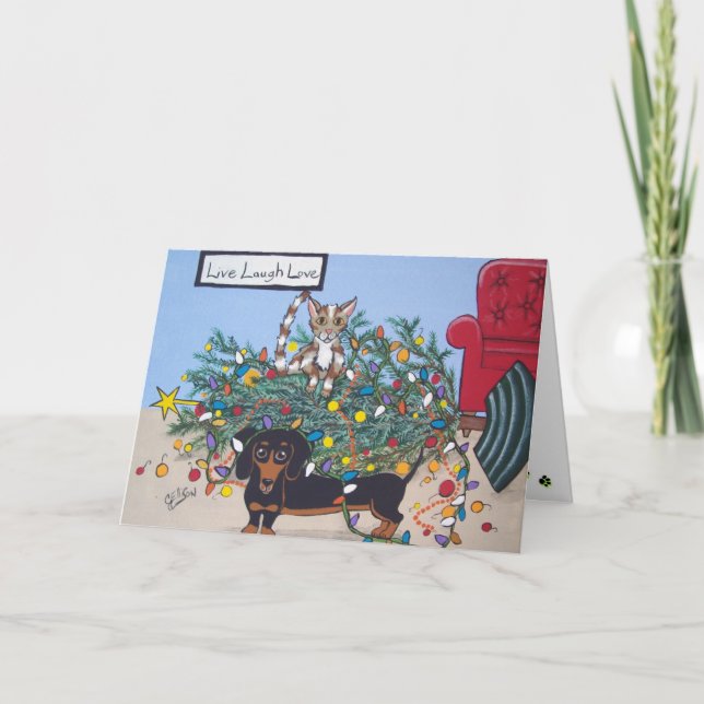 Toppled Tree Holiday Greeting Card for Pet Lovers (Front)