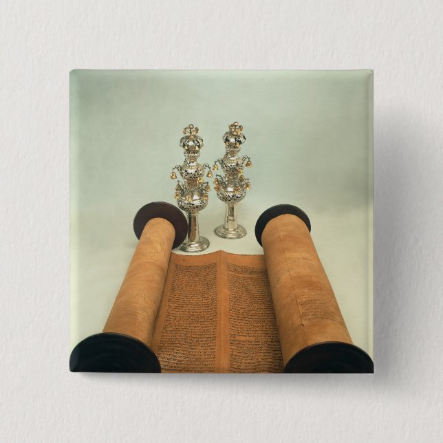 Torah scroll with Silver Crown finials 15 Cm Square Badge (Front)