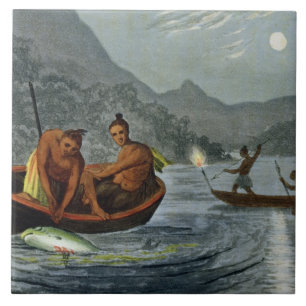 Torch Light Fishing in North America, engraved by Ceramic Tile