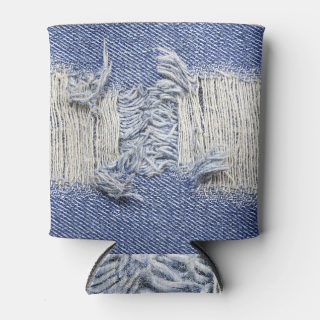 Torn blue denim: jeans texture. can cooler (Front)