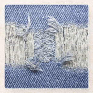 Torn blue denim: jeans texture. glass coaster