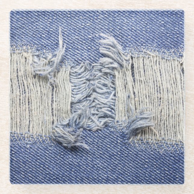Torn blue denim: jeans texture. glass coaster (Front)