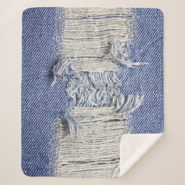 Torn blue denim: jeans texture. sherpa blanket (Front)