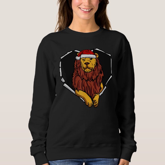 Torn Cloth Lion Face With Christmas Hat Hole Heart Sweatshirt (Front)