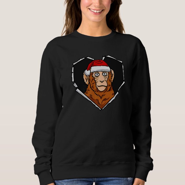 Torn Cloth Monkey Face With Christmas Hat Hole Hea Sweatshirt (Front)