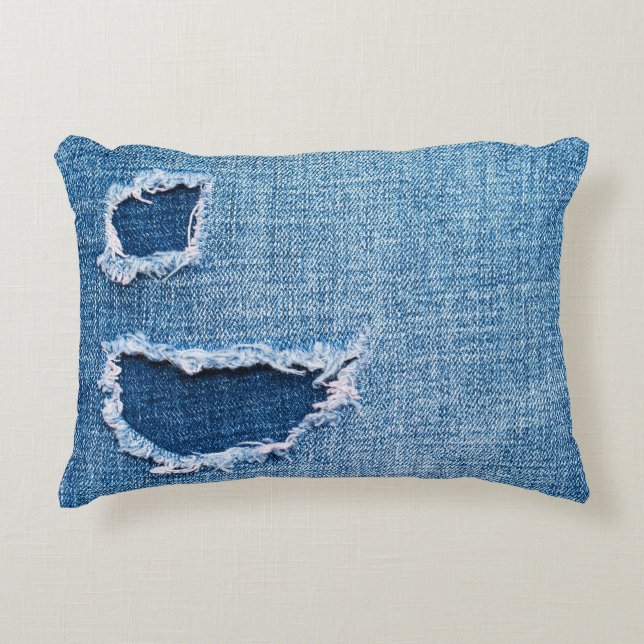 Torn denim fabric texture, blue hues. decorative cushion (Front)