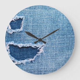 Torn denim fabric texture, blue hues. large clock