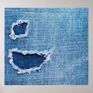 Torn denim fabric texture, blue hues. poster