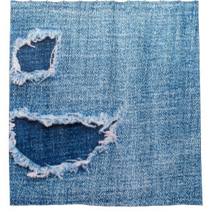 Torn denim fabric texture, blue hues. shower curtain