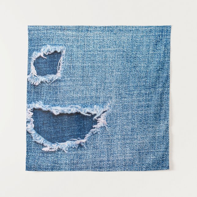 Torn denim fabric texture, blue hues. tapestry (Front)