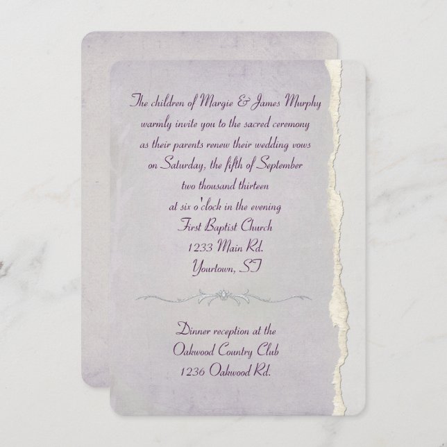 Torn Edge Lavender Wedding Vow Renewal Invitation (Front/Back)