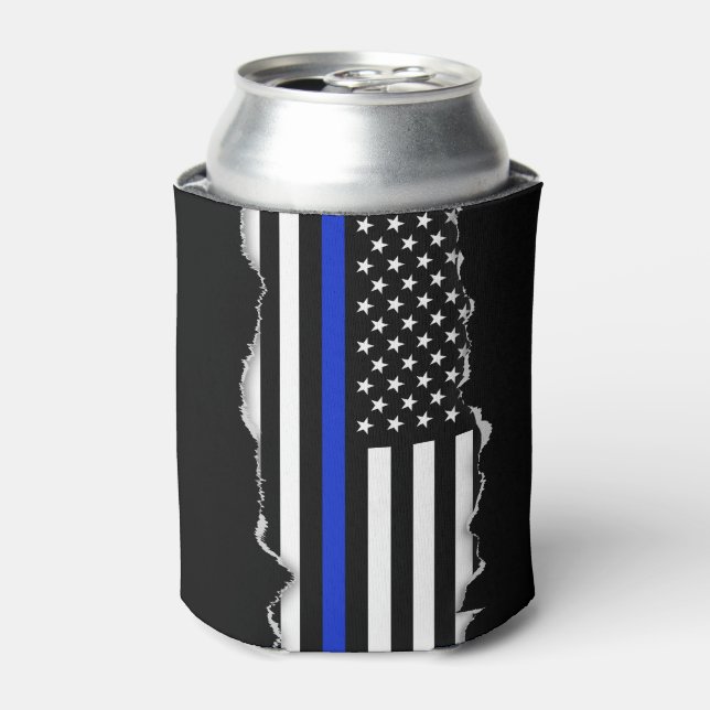 Torn Out Look Thin Blue Line American Flag Can Cooler (Can Front)