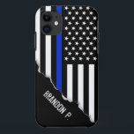 Torn Out Look | Thin Blue Line American Flag iPhone 11 Case<br><div class="desc">Featuring a unique and uncommon look that will turn heads, this iPhone Case is branded with the custom name or initials of the service team member. The case features a vibrant Thin Blue Line Police flag with a bright cobalt blue line running through the centre that appears torn out from...</div>