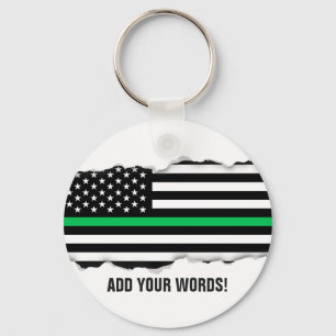 Torn Out Look Thin Green Line Flag   Custom Text Key Ring