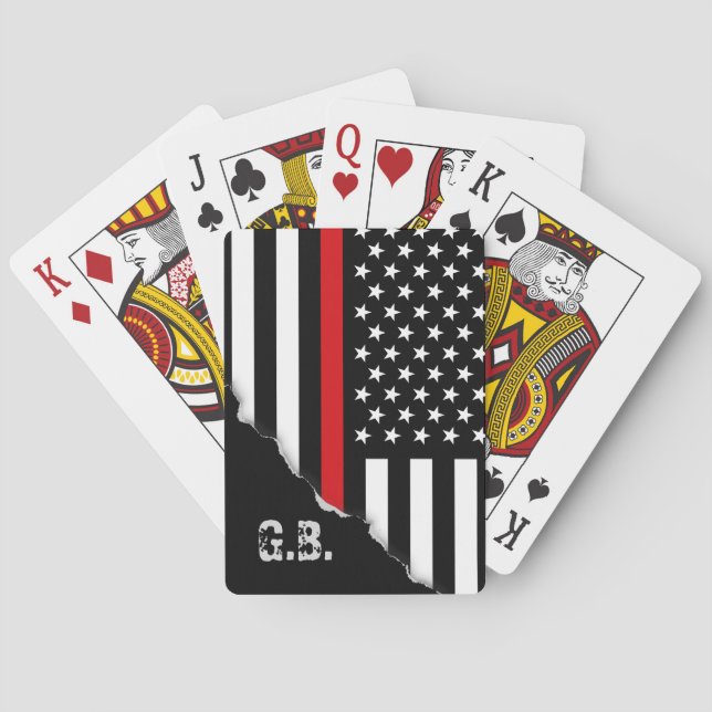 Torn Out Thin Red Line USA Flag Custom Initials Playing Cards (Back)
