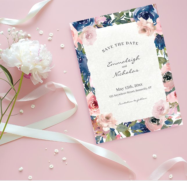 Torn Paper Blush Blue Floral Wedding Save The Date (Creator Uploaded)