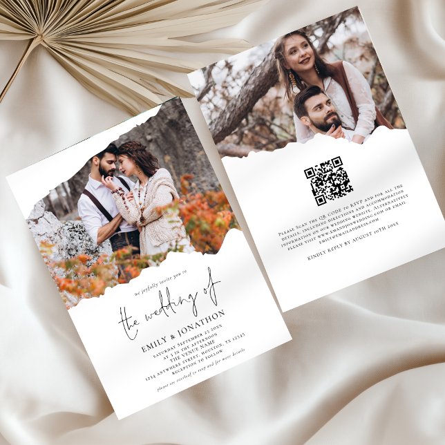 Torn Paper Effect 2 Photos QR Code Wedding Invitation (Frotn and back view)