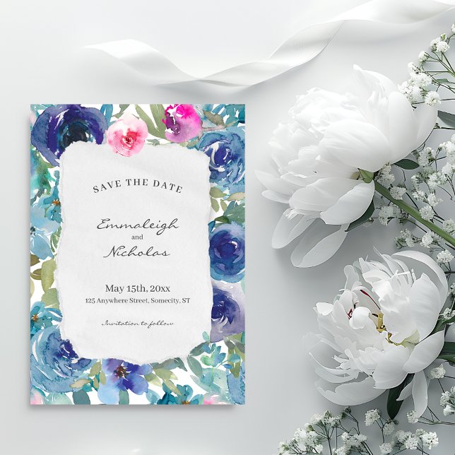 Torn Paper Mermaid Blue Floral Wedding Save The Date (Creator Uploaded)