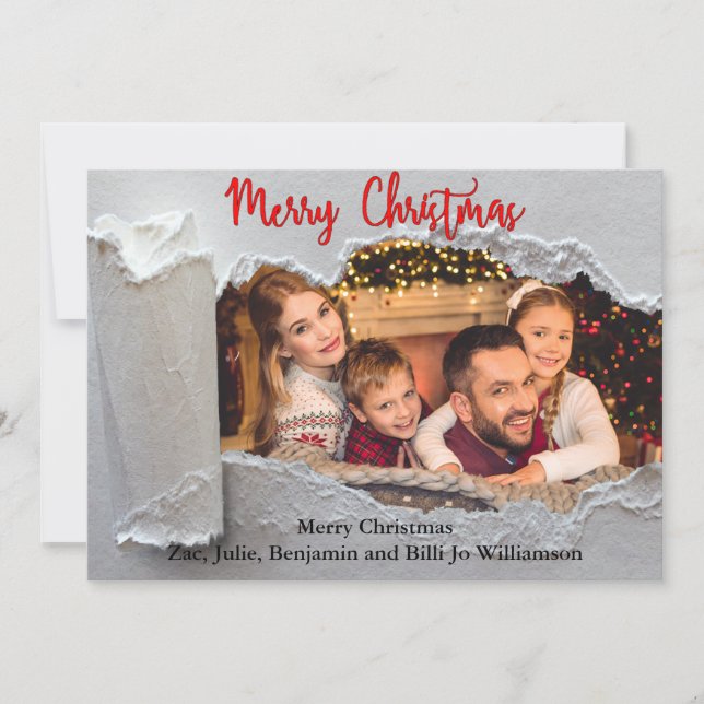 Torn Reveal Merry Christmas Family Photograph Holiday Card (Front)