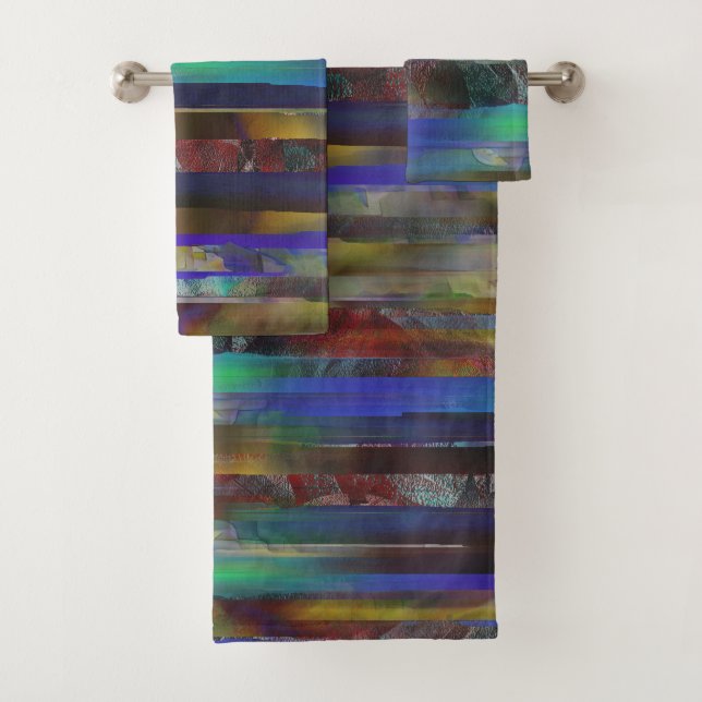 Torn stripes of digital coloured textures bath towel set (Insitu)