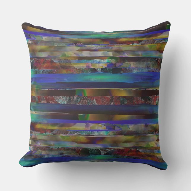 Torn stripes of digital coloured textures cushion (Front)