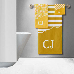 Torn Yellow Stripes Floral Polka Dot Initials Bath Towel Set