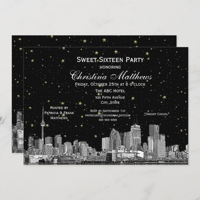 Toronto Etch Starry DIY BG Colour Sweet 16 Blk Invitation (Front/Back)