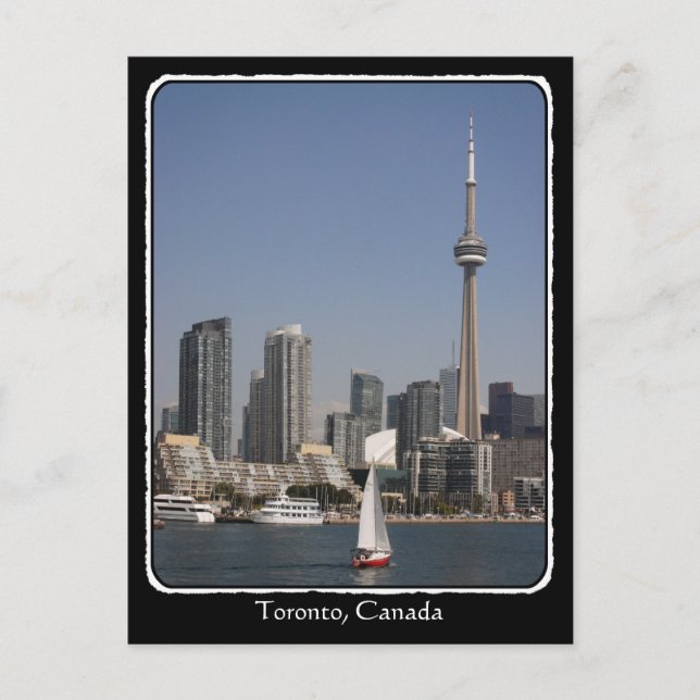 Toronto Harbour Skyline with Red Boat and border Postcard (Front)