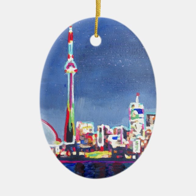 Toronto Neon Shimmering Skyline with CN Tower Ceramic Ornament (Front)
