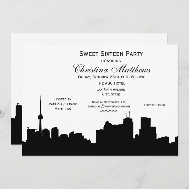 Toronto Silhouette DIY BG Colour Sweet 16 Invitation (Front/Back)