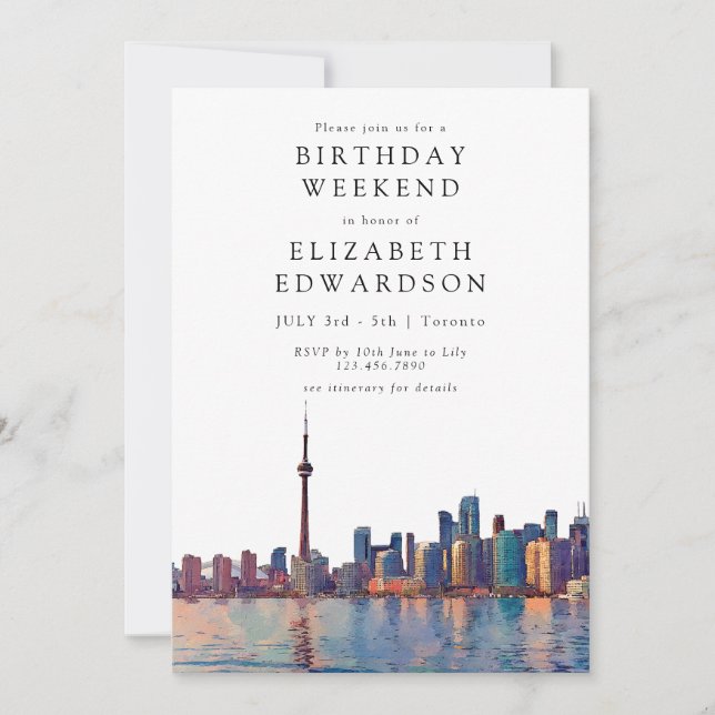 Toronto Skyline Watercolor Birthday Weekend Invitation (Front)