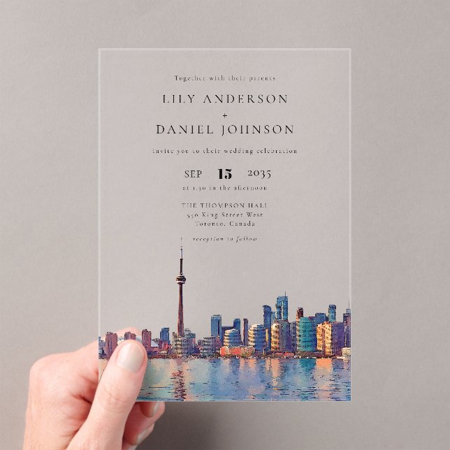 Toronto Skyline Watercolor Destination Wedding Acrylic Invitations (Insitu (Handheld))