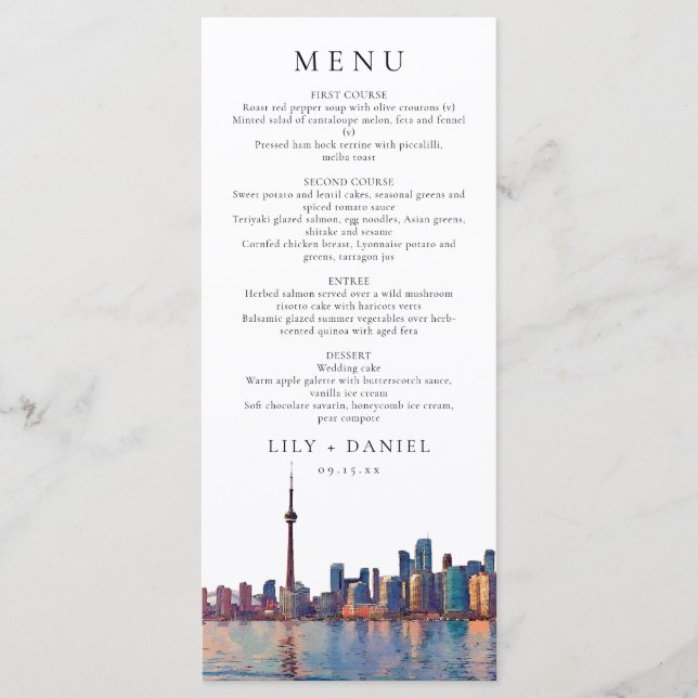 Toronto Skyline Watercolor Destination Wedding Menu (Front)