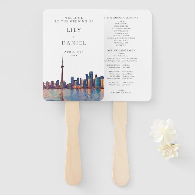 Toronto Skyline Watercolor Wedding Program Hand Fan (Front and Back)