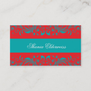 Torquoise & Vermillion Damask Business Card