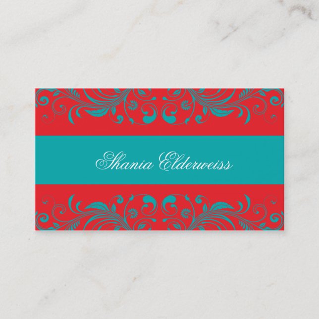 Torquoise & Vermillion Damask Business Card (Front)