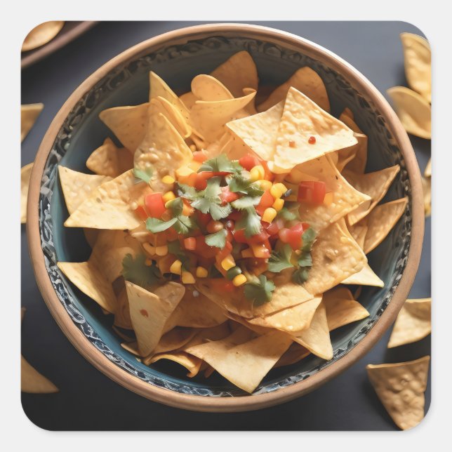 Tortilla chips with salsa in a bowl square sticker (Front)