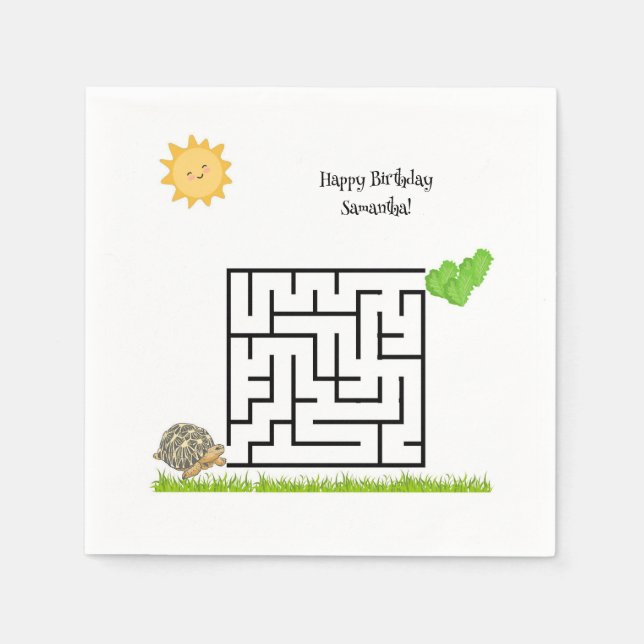 Tortoise and lettuce, birthday maze paper napkins (Front)