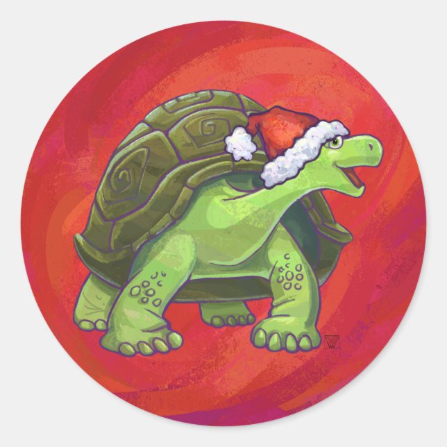 Tortoise Christmas On Red Classic Round Sticker (Front)