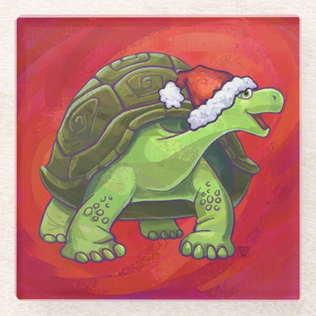 Tortoise Christmas On Red Glass Coaster (Front)